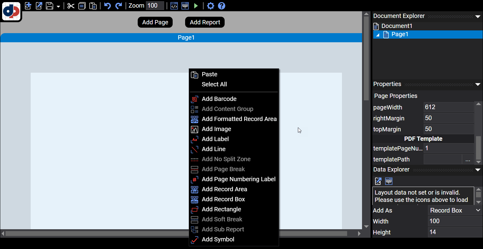 DynamicPDF Designer: меню добавления элементов макета