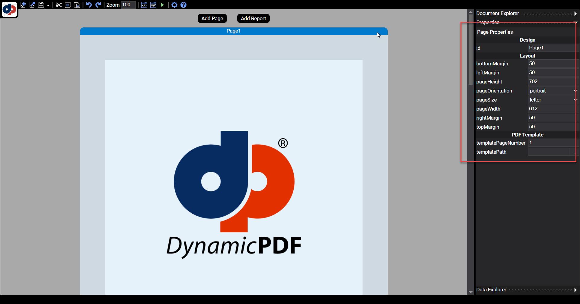 DynamicPDF Designer: свойства страницы