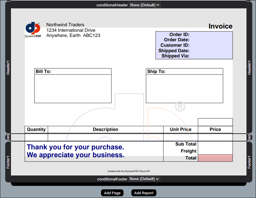 DynamicPDF Designer: шаблон счета после подгонки секций
