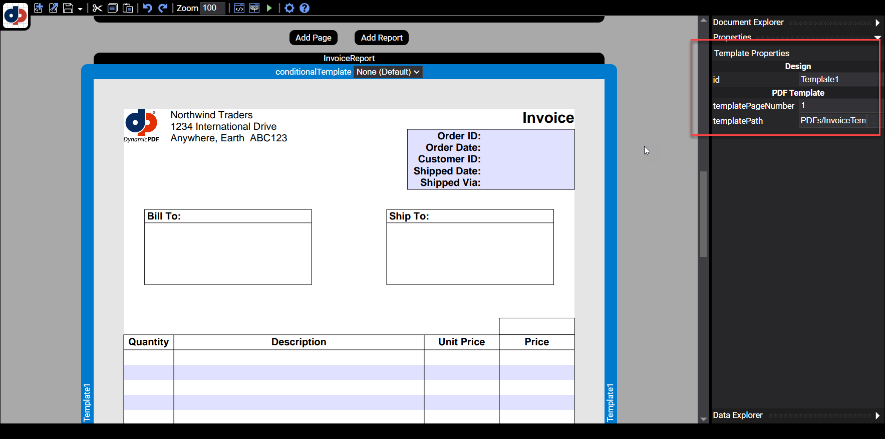 DynamicPDF Designer: свойства PDF-шаблона