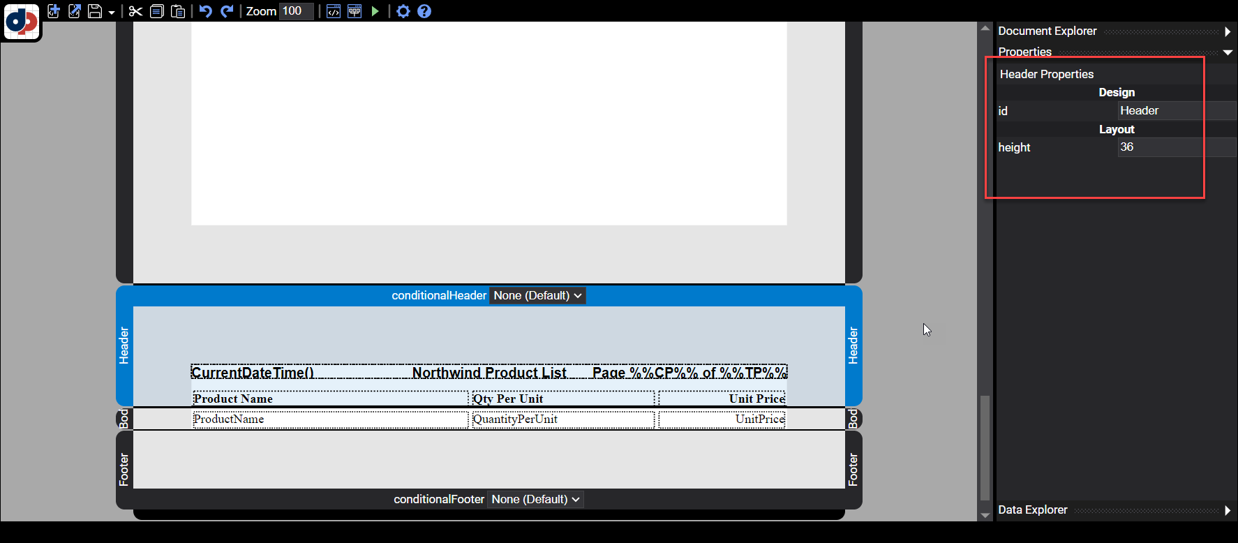 Свойства секции Header в DynamicPDF Designer