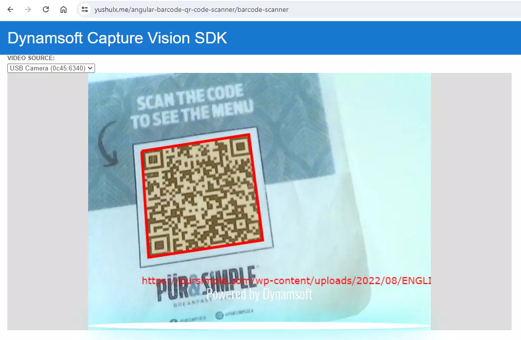Видеосканирование QR-кода с рамкой результата