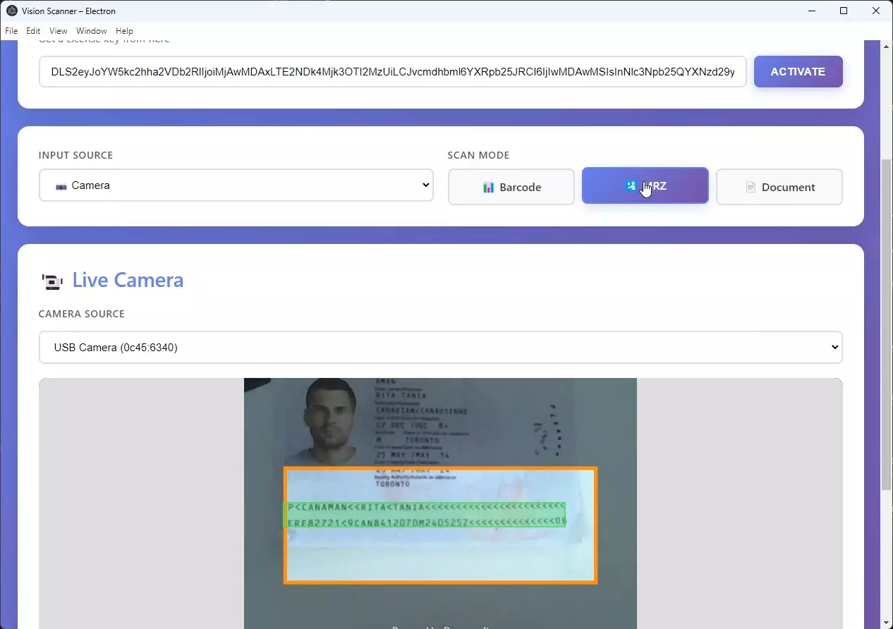 Экран Electron-приложения с выбором камеры и режима Barcode, MRZ или Document