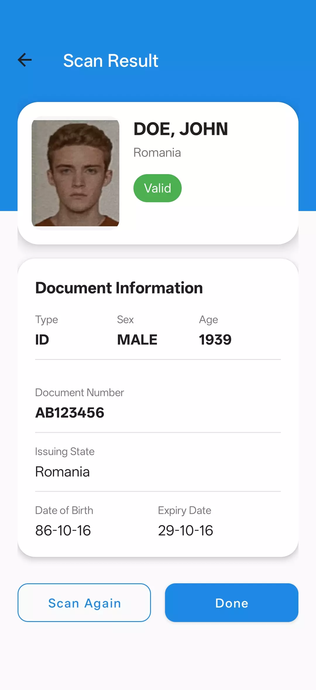 Экран результата MRZ с фотографией и структурированными полями документа