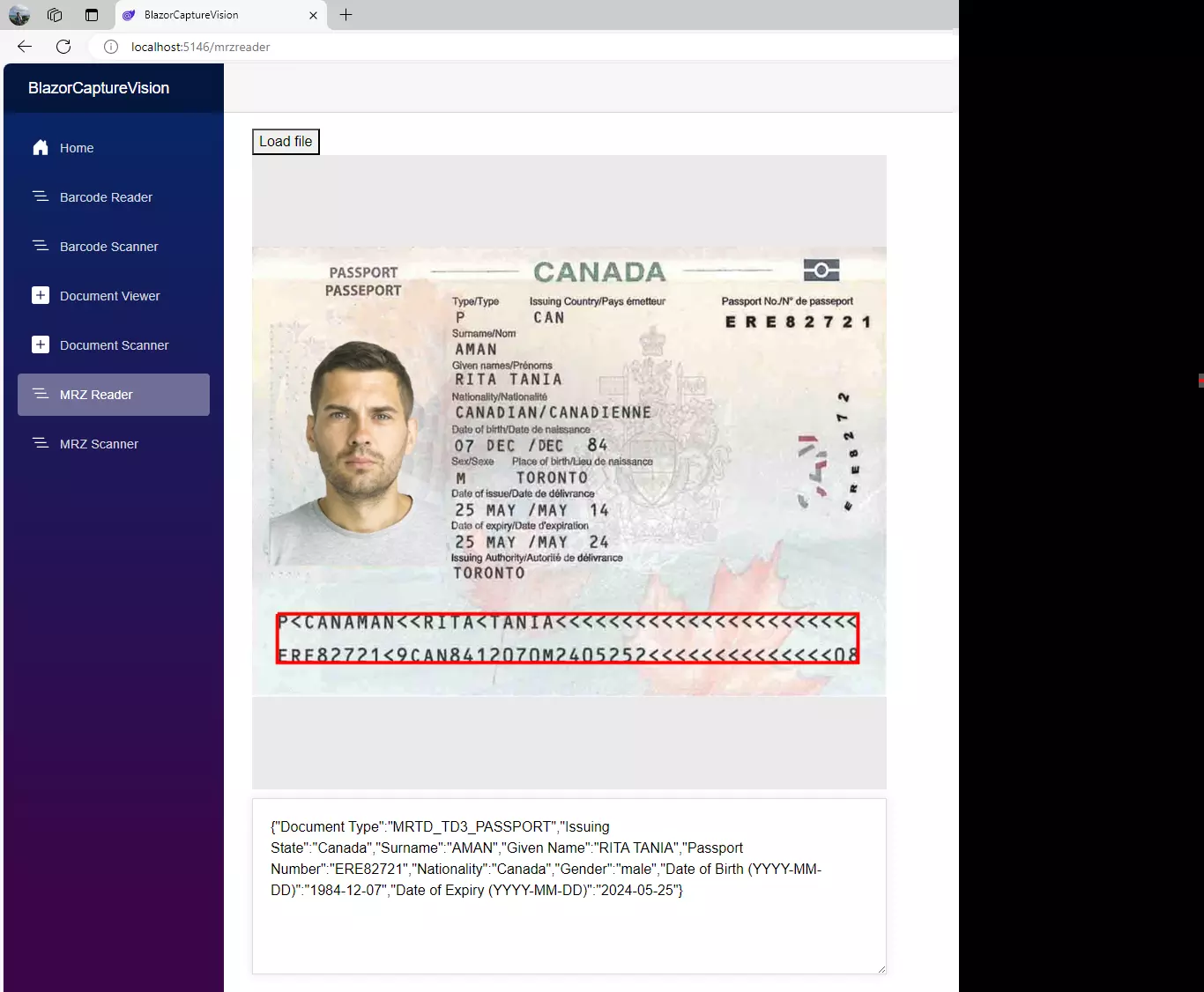 Blazor-интерфейс чтения MRZ из загруженного файла
