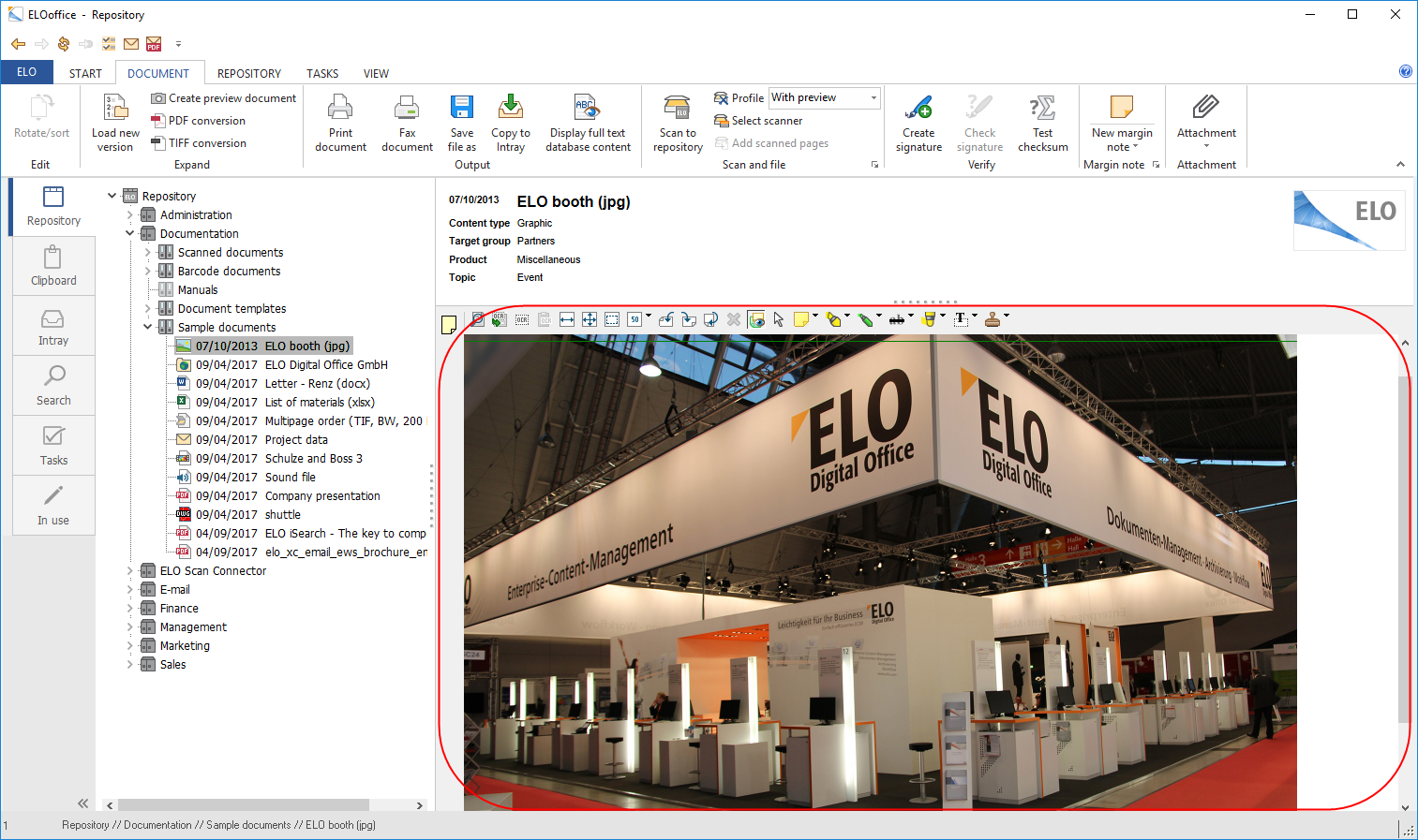 Архив ELOoffice со списком записей и открытым документом