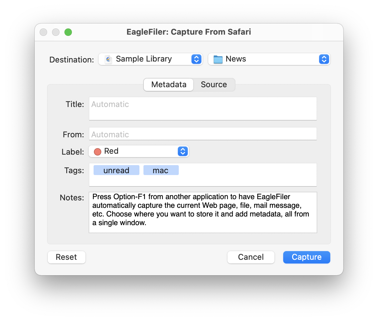 Окно захвата с параметрами EagleFiler