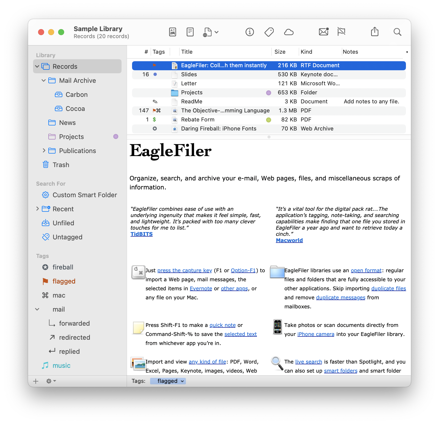 Главное окно EagleFiler со списком источников, таблицей и просмотрщиком