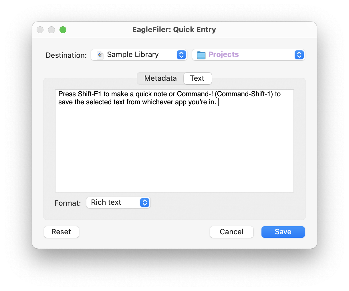 Окно Quick Entry для новой заметки EagleFiler