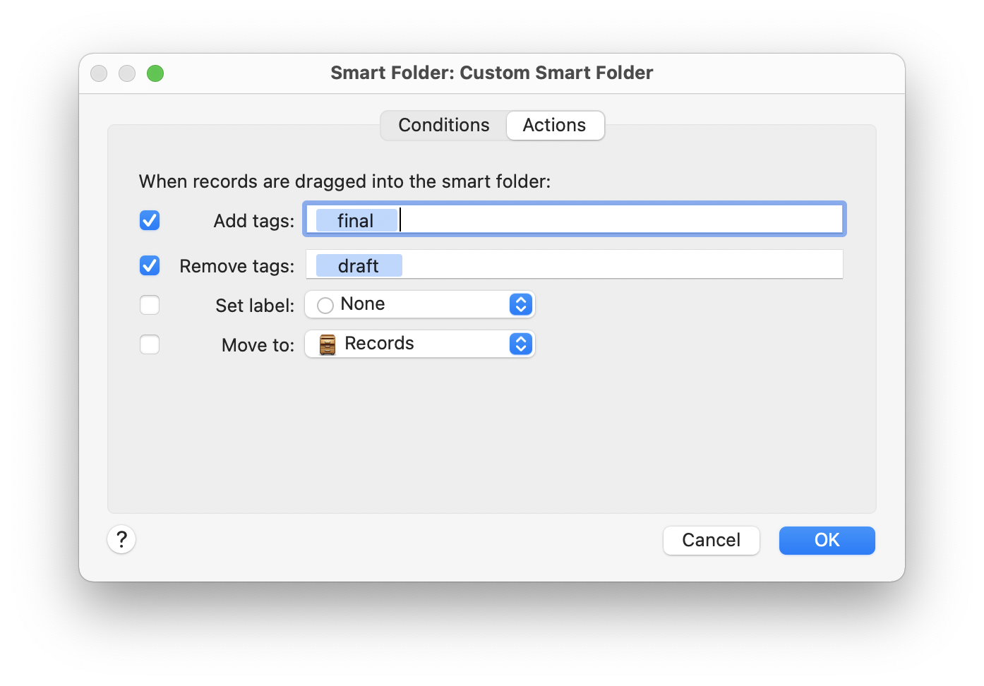 Действия умной папки EagleFiler