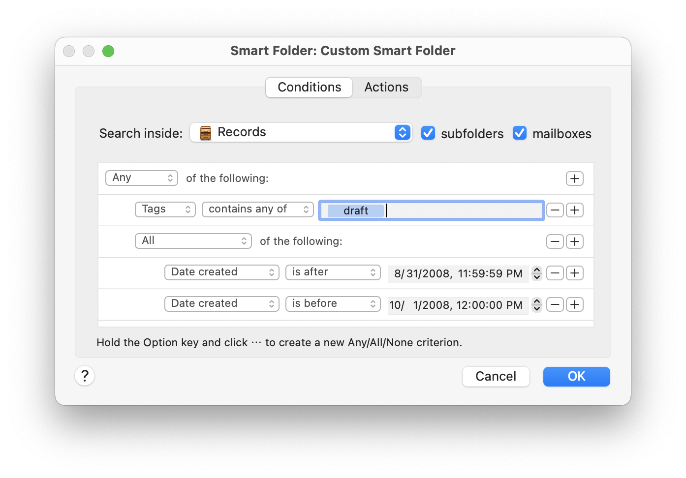 Условия умной папки EagleFiler