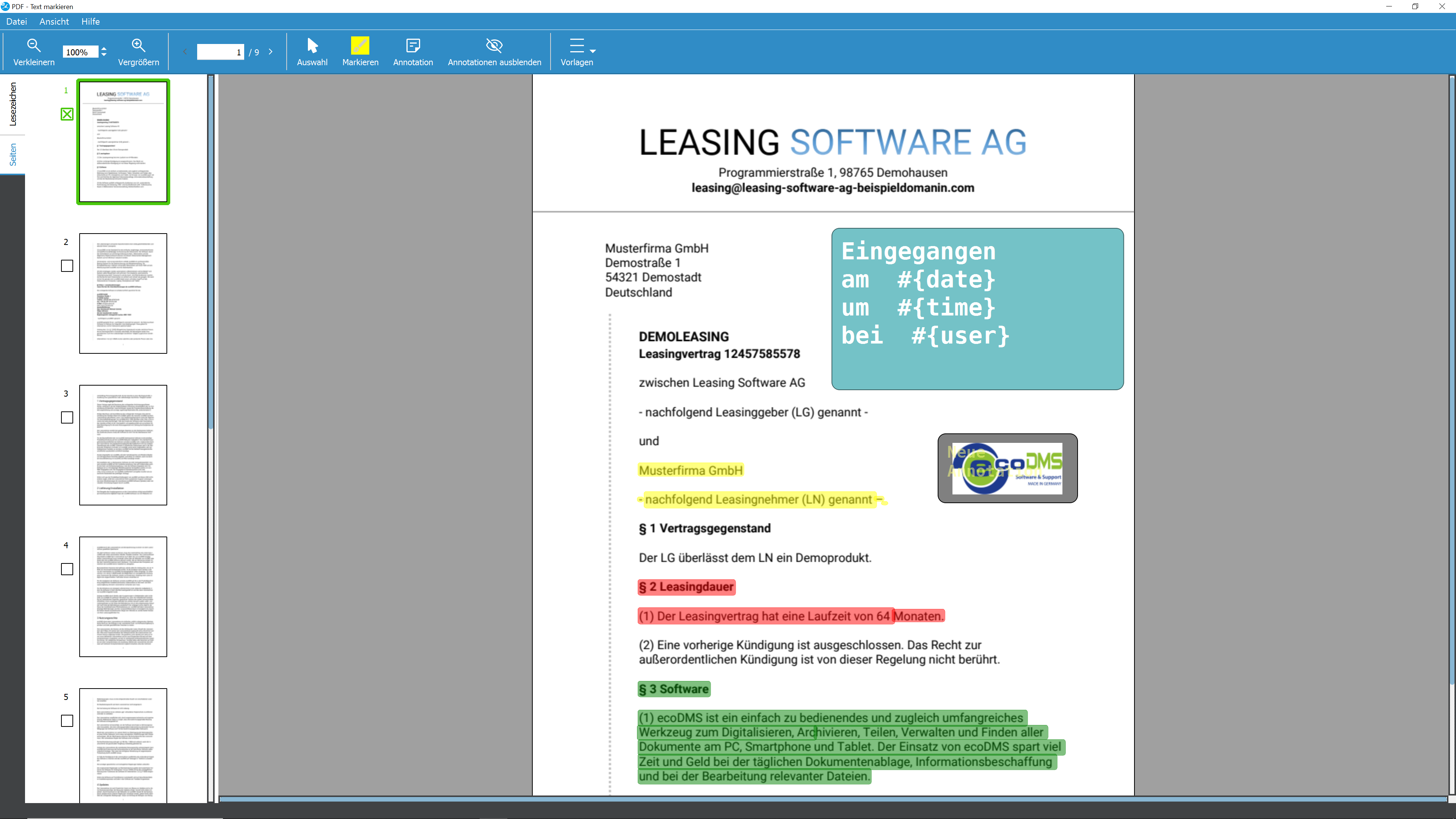 Аннотации и выделения во встроенном PDF Editor EcoDMS