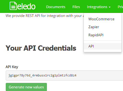Раздел Eledo с API-ключом для интеграций