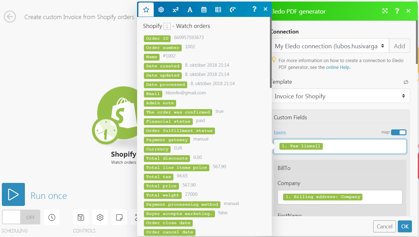 Сопоставление данных Shopify с полями шаблона Eledo в Make