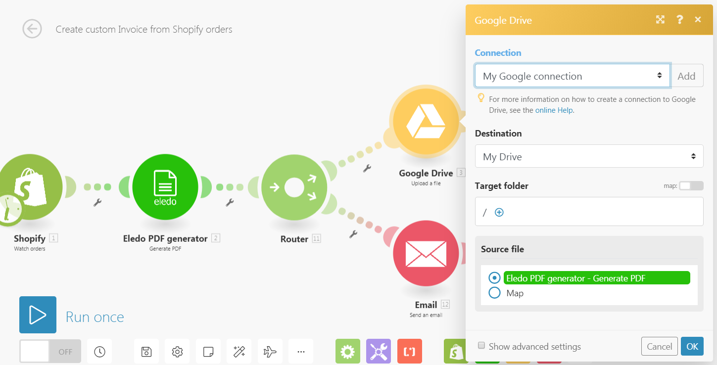 Передача PDF из Eledo в Google Drive через Make