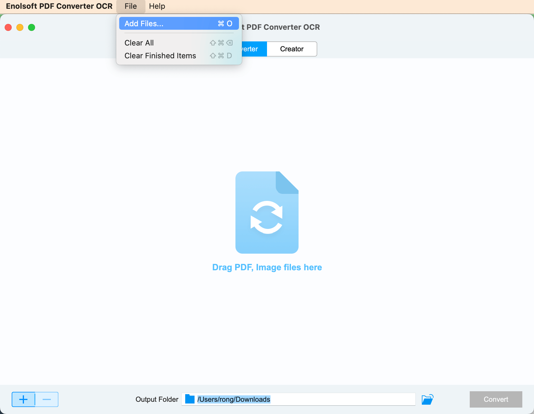 Меню добавления и очистки файлов в Enolsoft PDF Converter OCR