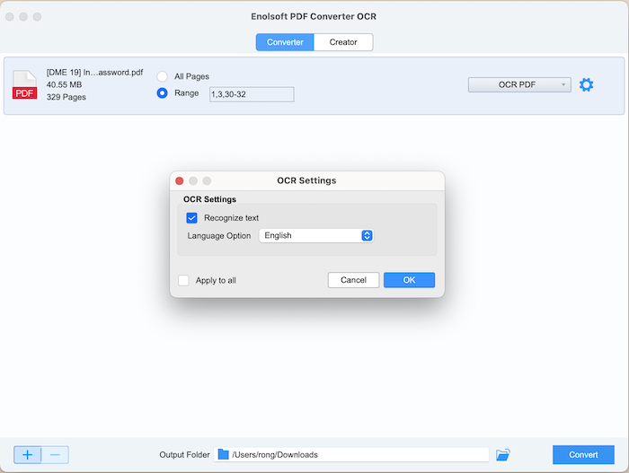Окно OCR Settings с выбором языка распознавания