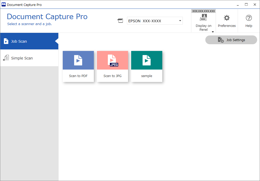 Главное окно Epson Document Capture Pro в режиме Job Scan