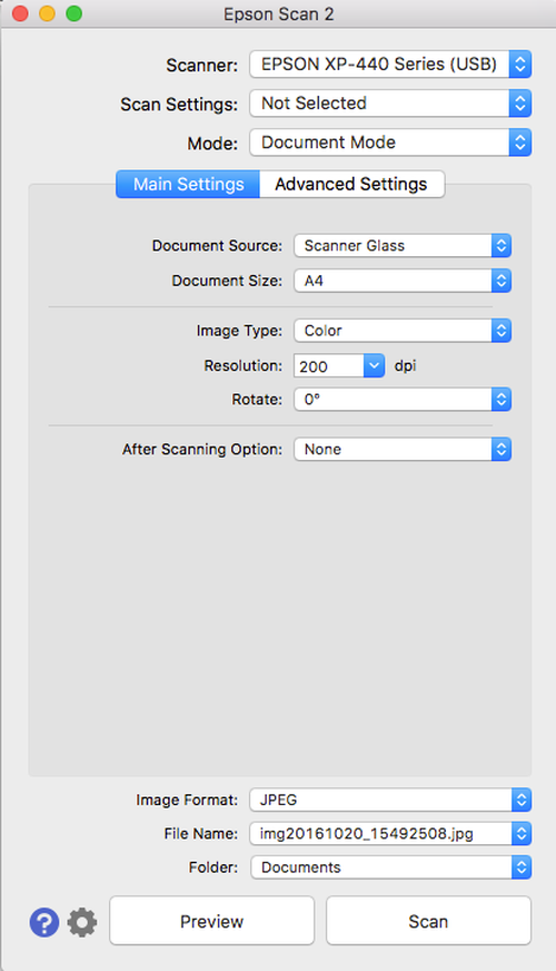 Главное окно Epson Scan 2 в режиме документов на macOS