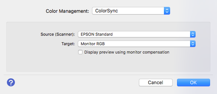 Выбор ColorSync и цветовых профилей в Epson Scan 2