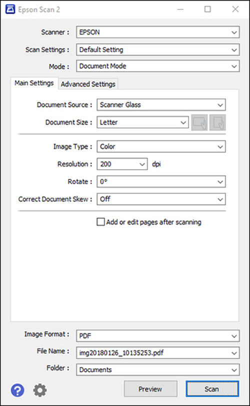 Главное окно Epson Scan 2 в Windows для планшетного сканирования