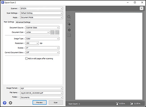 Полное окно Epson Scan 2 в Windows с областью предварительного просмотра