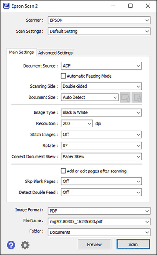 Epson Scan 2 с настройками автоподатчика, двустороннего сканирования и контроля подачи