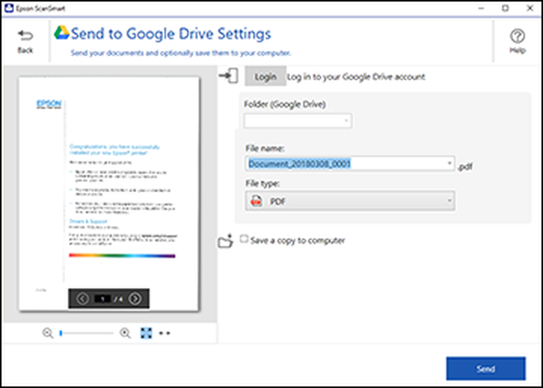 Настройки передачи документа в Google Drive