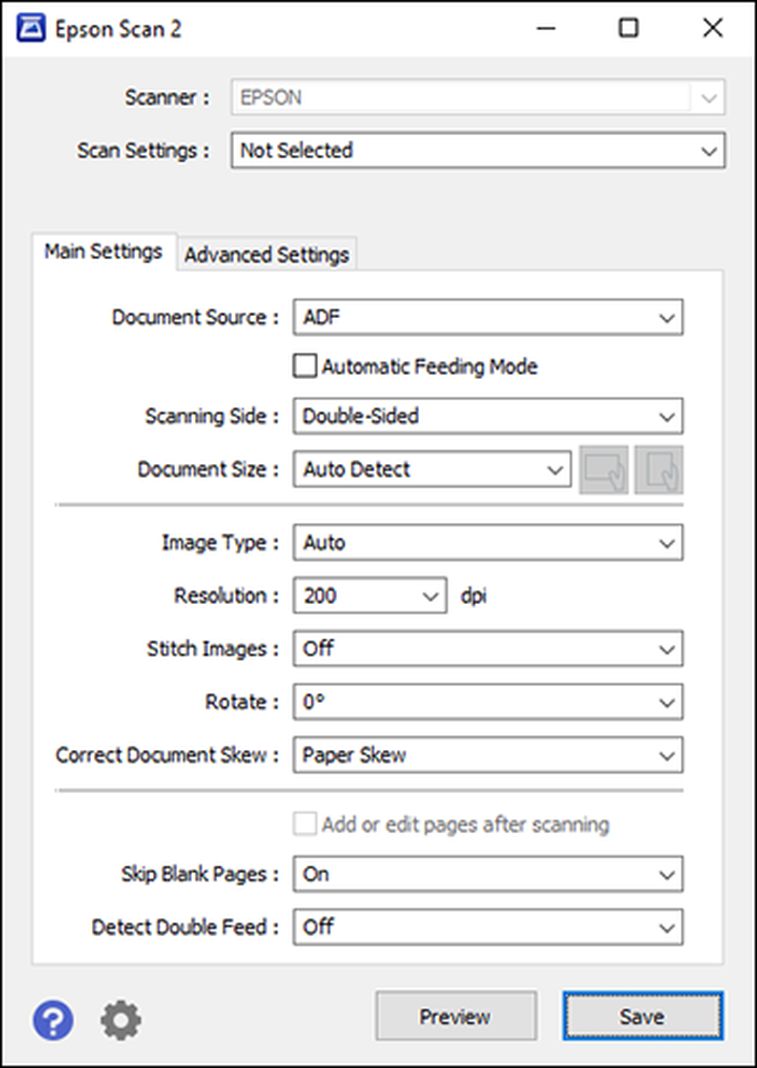 Расширенные параметры Epson Scan 2, вызываемые из ScanSmart