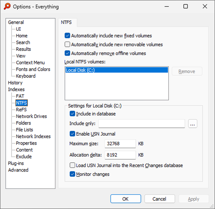 Настройка NTFS-томов и журнала изменений в Everything