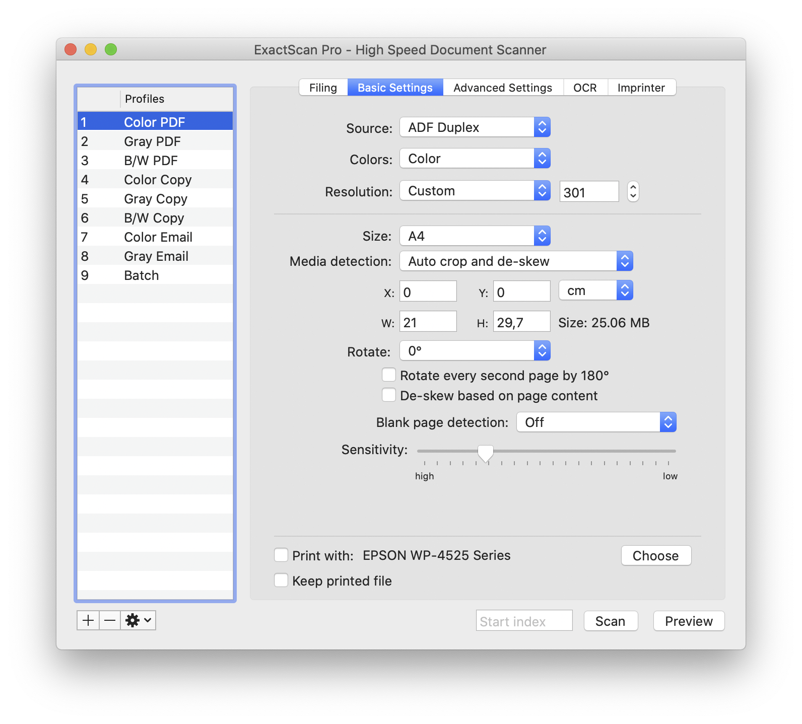 Basic Settings с ADF Duplex, разрешением, автокадрированием и пустыми страницами