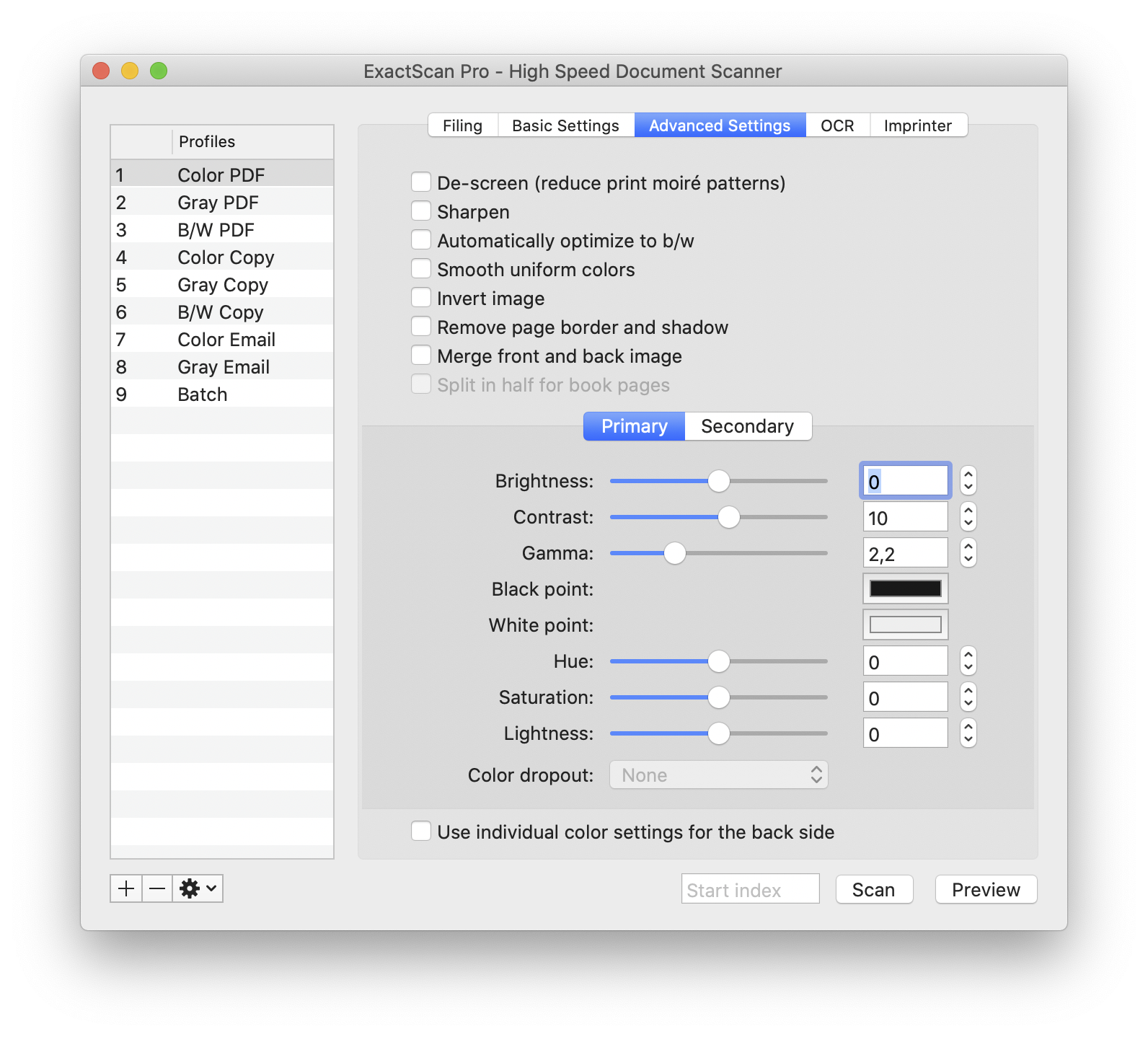 Advanced Settings с фильтрами и ползунками коррекции
