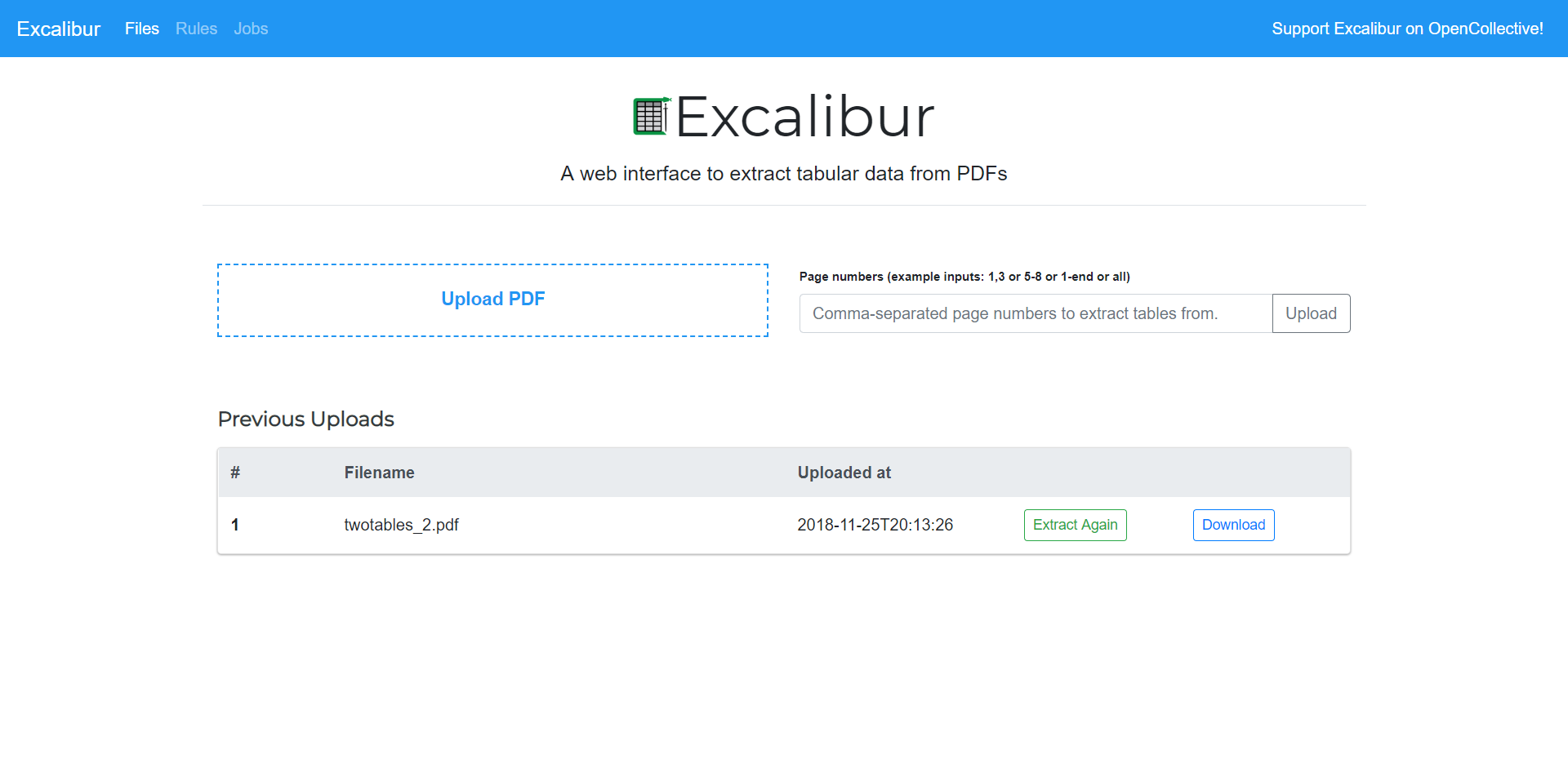 Экран Excalibur для загрузки PDF и выбора страниц