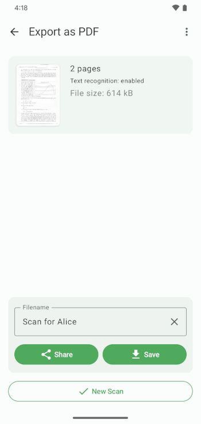 Экран экспорта PDF с именем, сохранением и отправкой