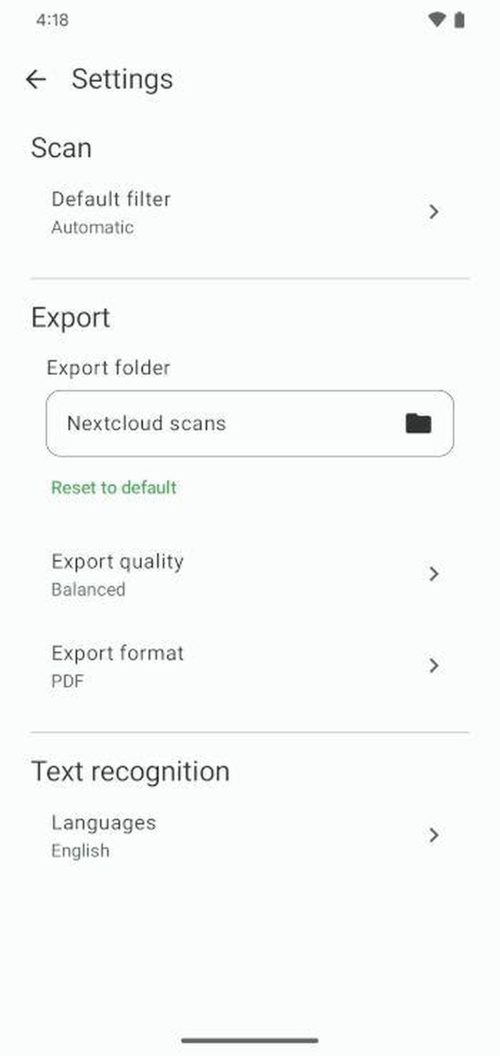 Настройки фильтра, папки, качества, формата и OCR в FairScan