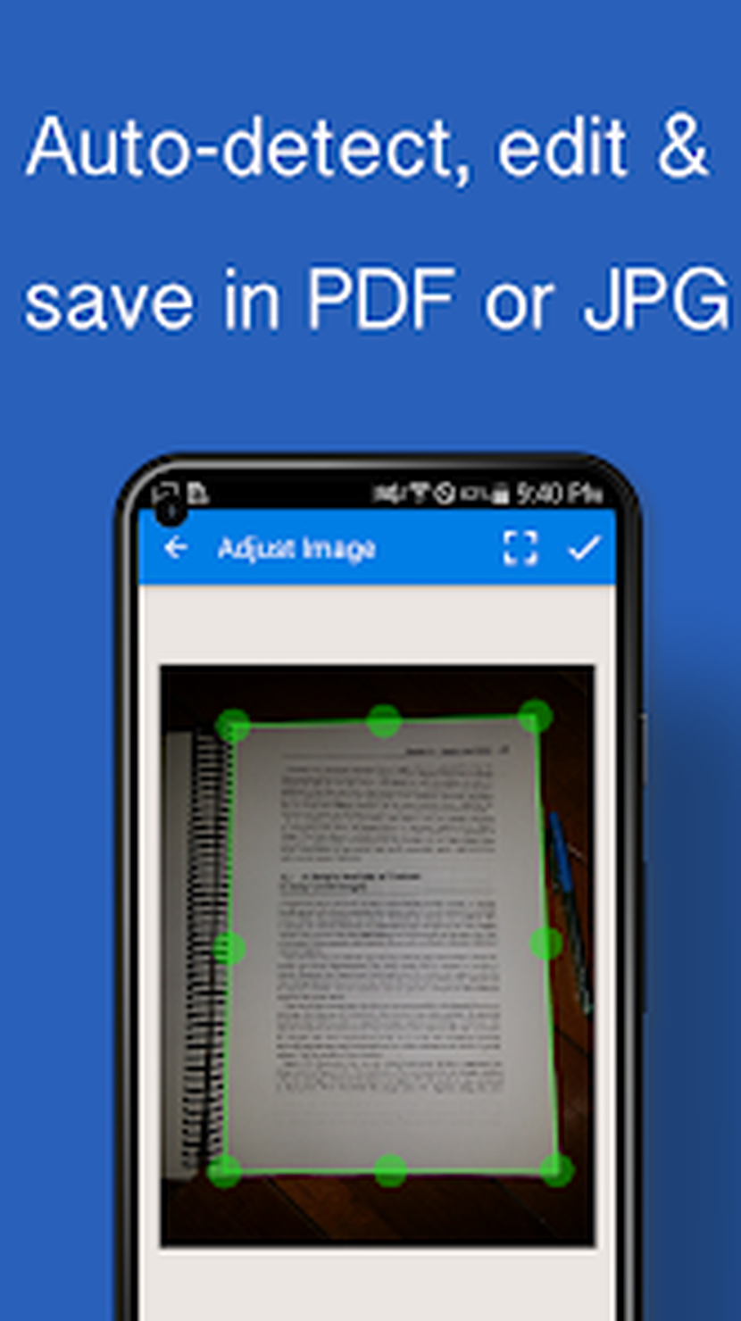 Экран Adjust Image с зелёными маркерами границ страницы