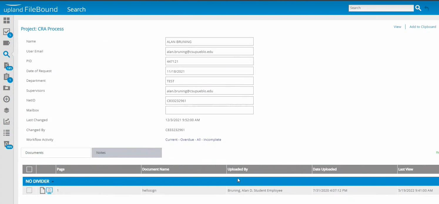 Карточка файла FileBound с индексами и перечнем документов