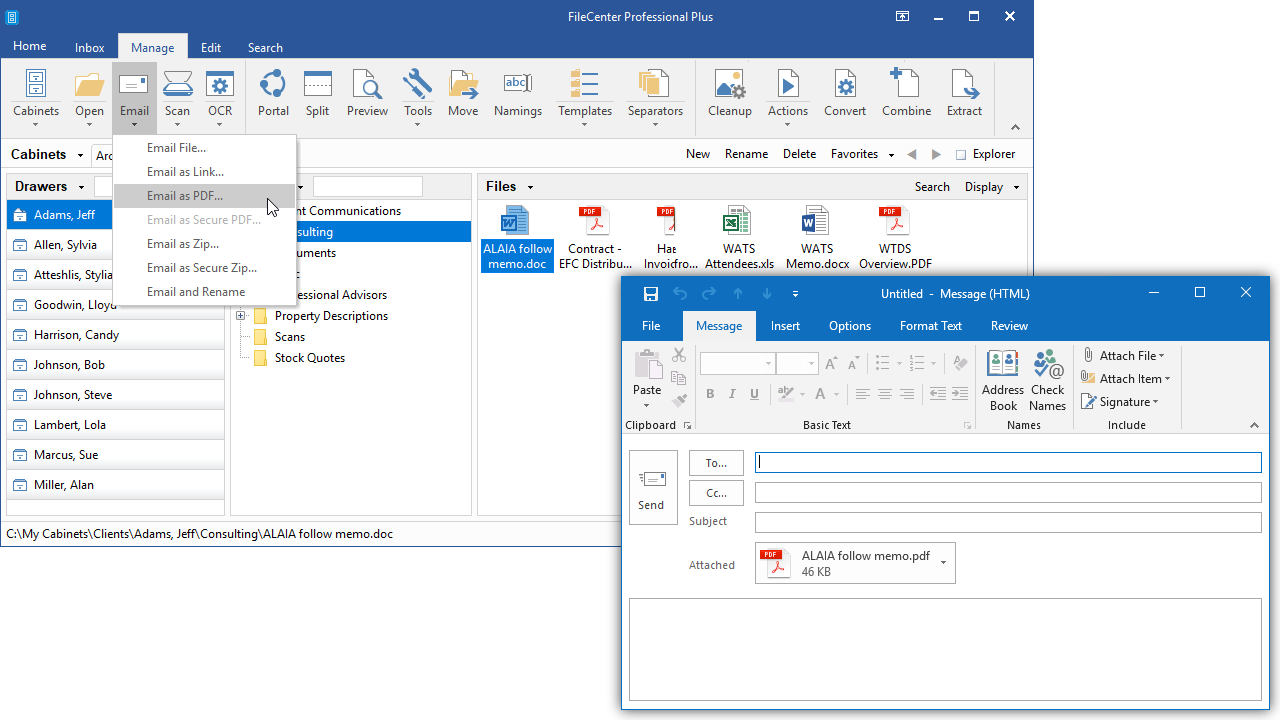 Отправка документа из FileCenter как PDF-вложения Outlook