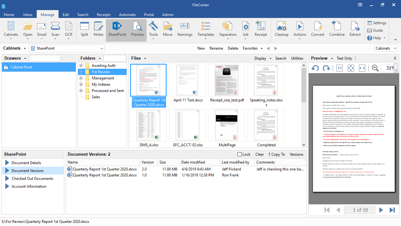 Окно FileCenter с вкладкой Manage, миниатюрами, предварительным просмотром и SharePoint