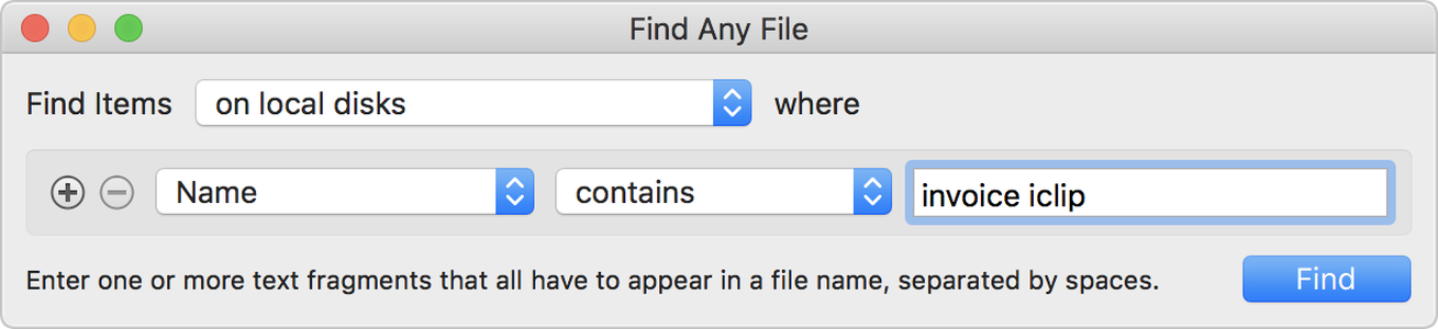 Окно Find Any File с поиском по части имени
