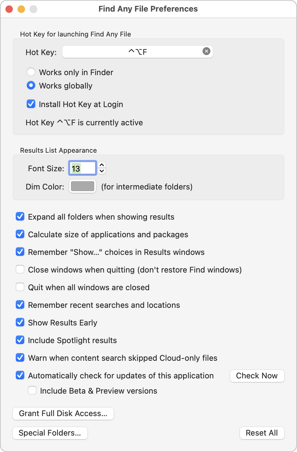 Окно настроек Find Any File