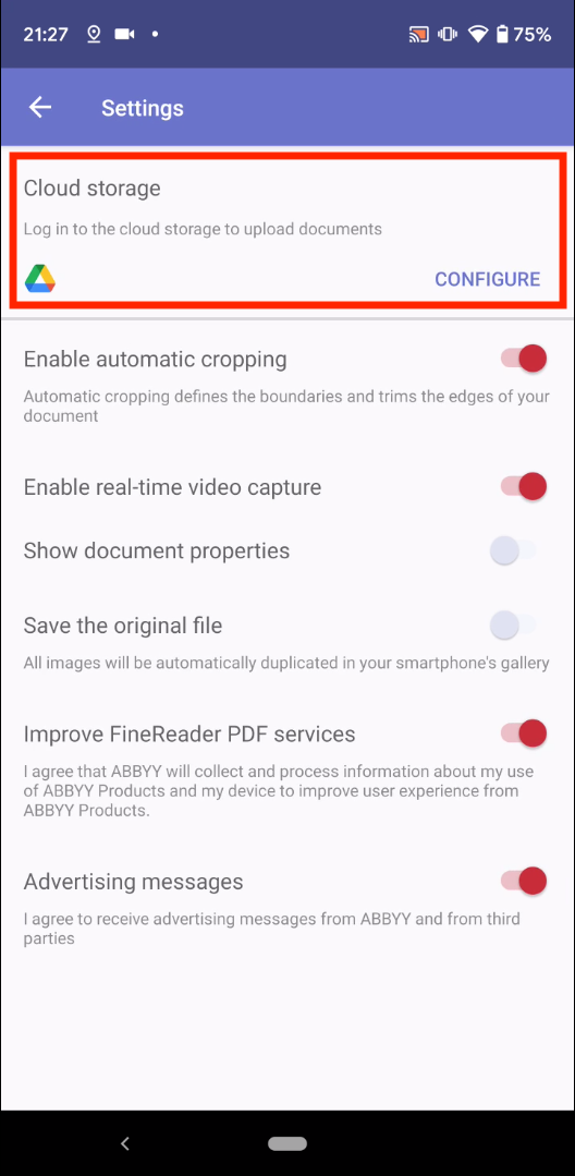 Общие настройки FineReader PDF на Android