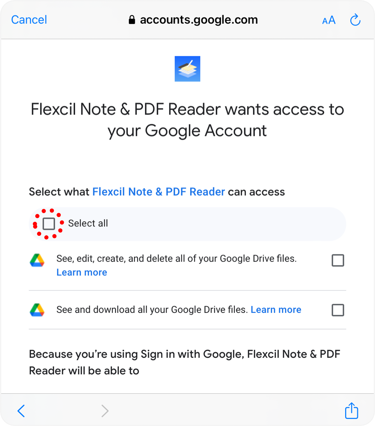 Запрос доступа Flexcil к Google Drive для синхронизации