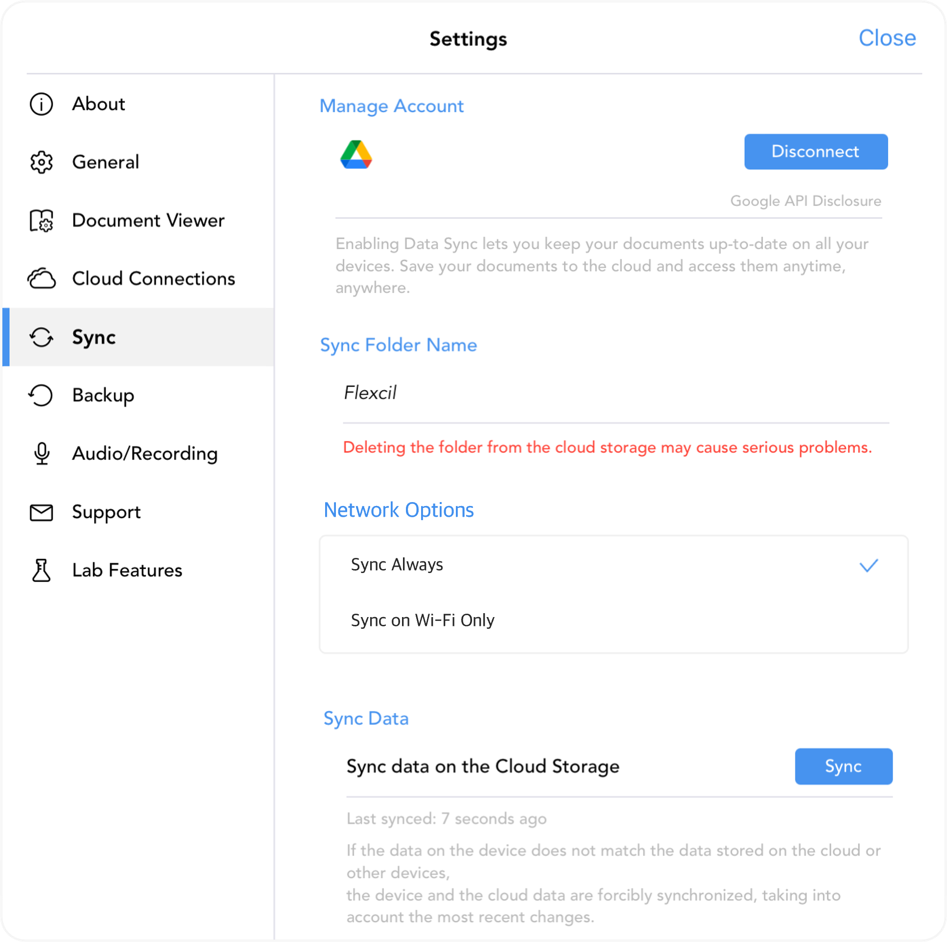 Раздел настроек синхронизации Flexcil с Google Drive