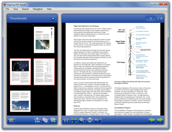 Интерфейс Flipping PDF Reader с панелью миниатюр и двухстраничным просмотром