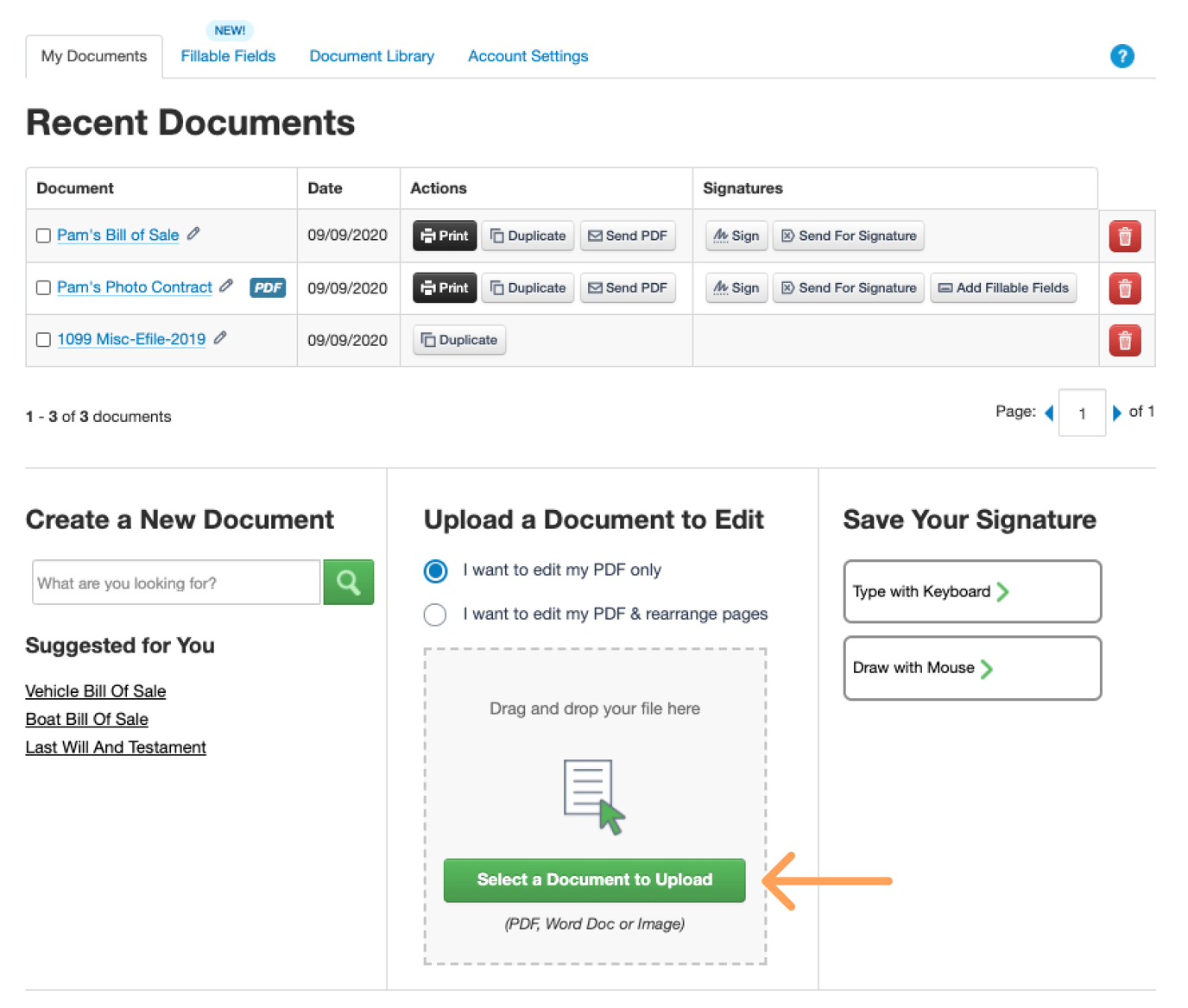 Раздел My Documents и область загрузки файла в FormSwift