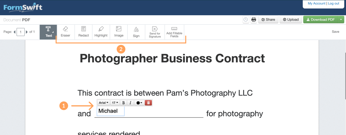 Панель инструментов и текстовый блок в FormSwift PDF Editor