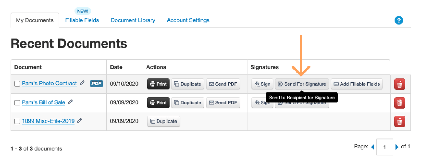 Кнопка Send For Signature в списке документов FormSwift