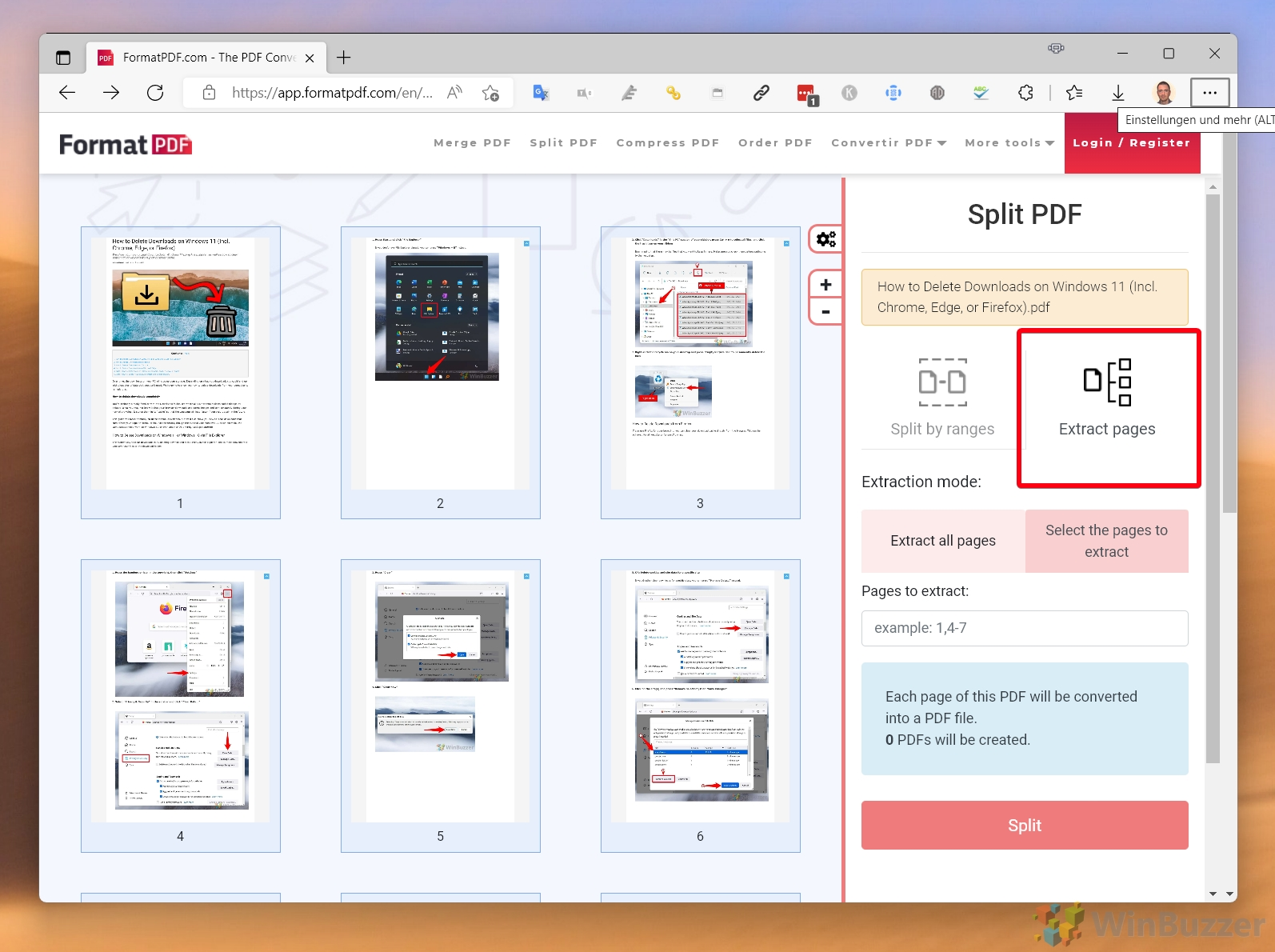 Панель извлечения отдельных страниц FormatPDF