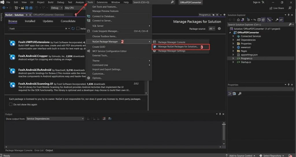 Открытие менеджера NuGet для установки Foxit PDF SDK